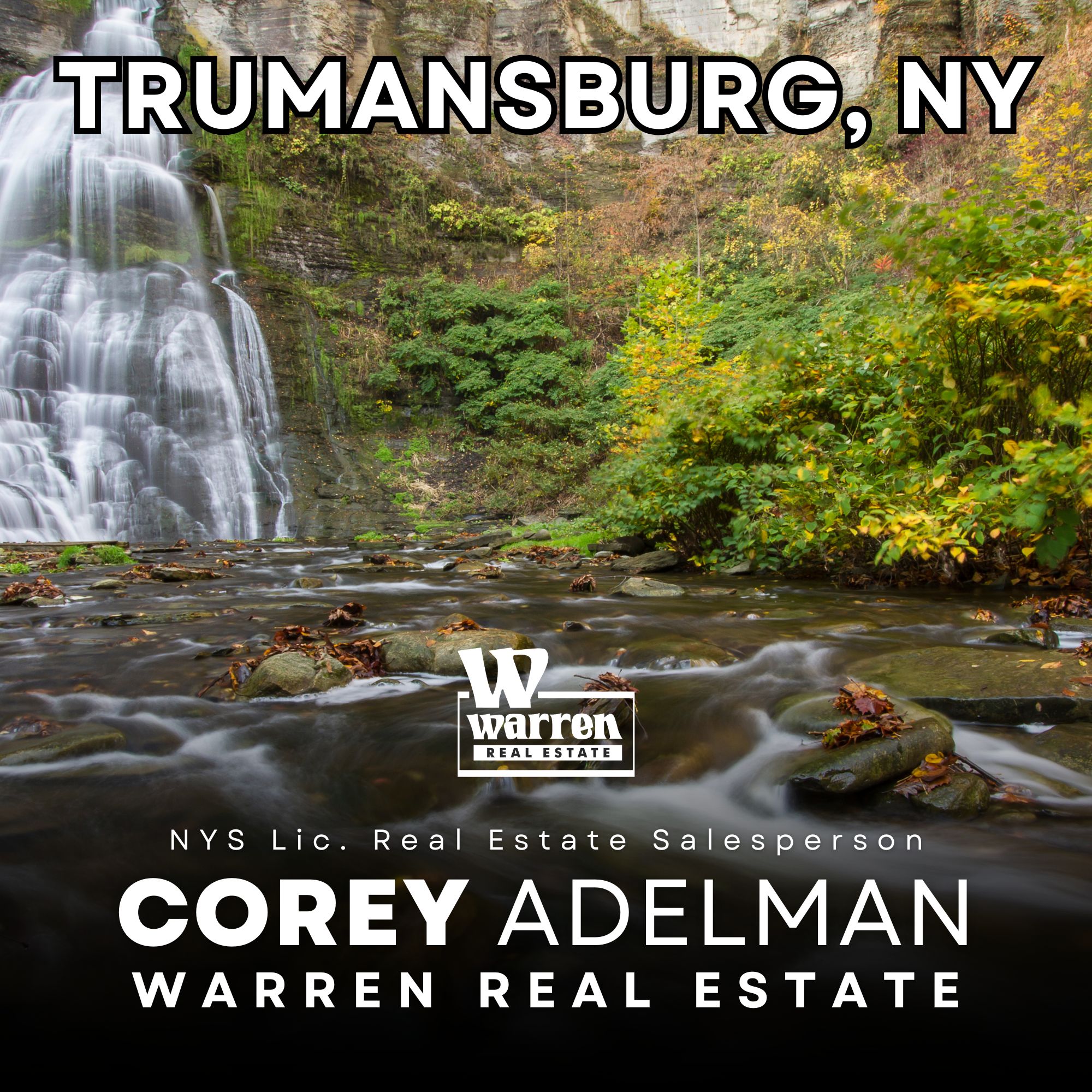 Trumansburg, New York Real Estate - Stock Image of the Waterfalls -Corey Adelman NYS Lic. Real Estate Salesperson at Warren Real Estate Logo