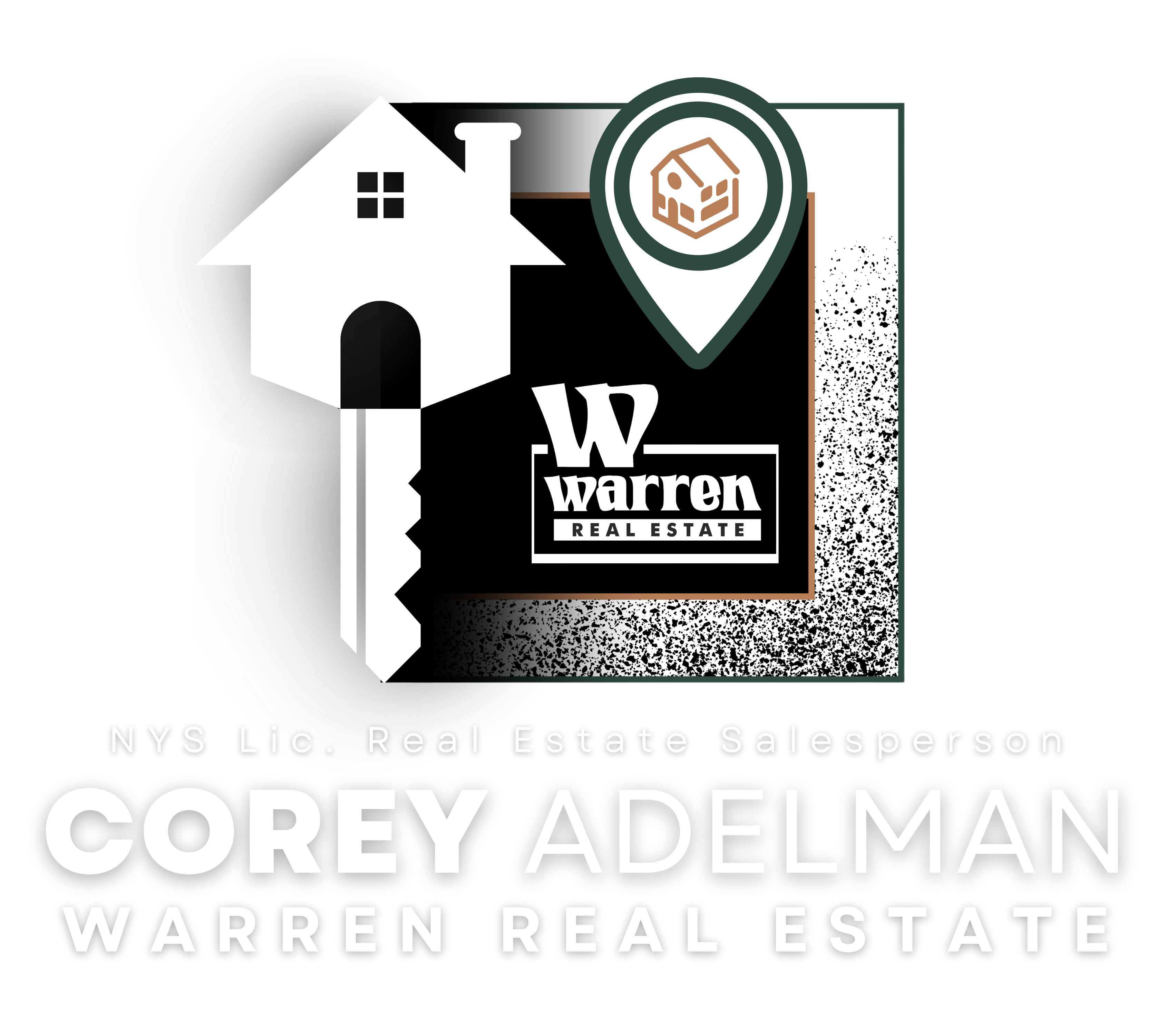 Corey Adelman NYs Lic. Real Estate Salesperson at Warren Real Estate Logo - House on top of a key with the Warren Real Estate Logo and a House Location Icon