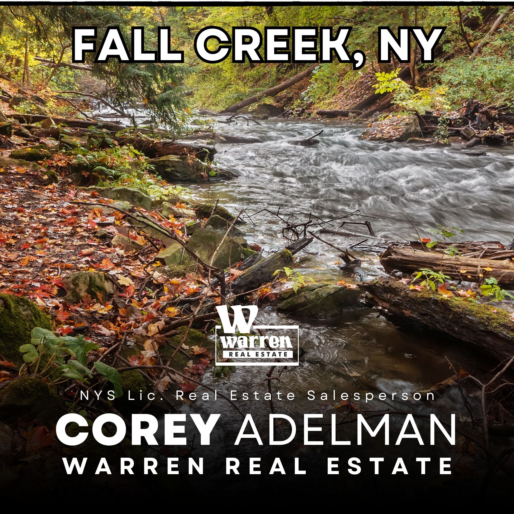 Fall Creek, New York Real Estate - Stock Image of creek bed -Corey Adelman NYS Lic. Real Estate Salesperson at Warren Real Estate Logo